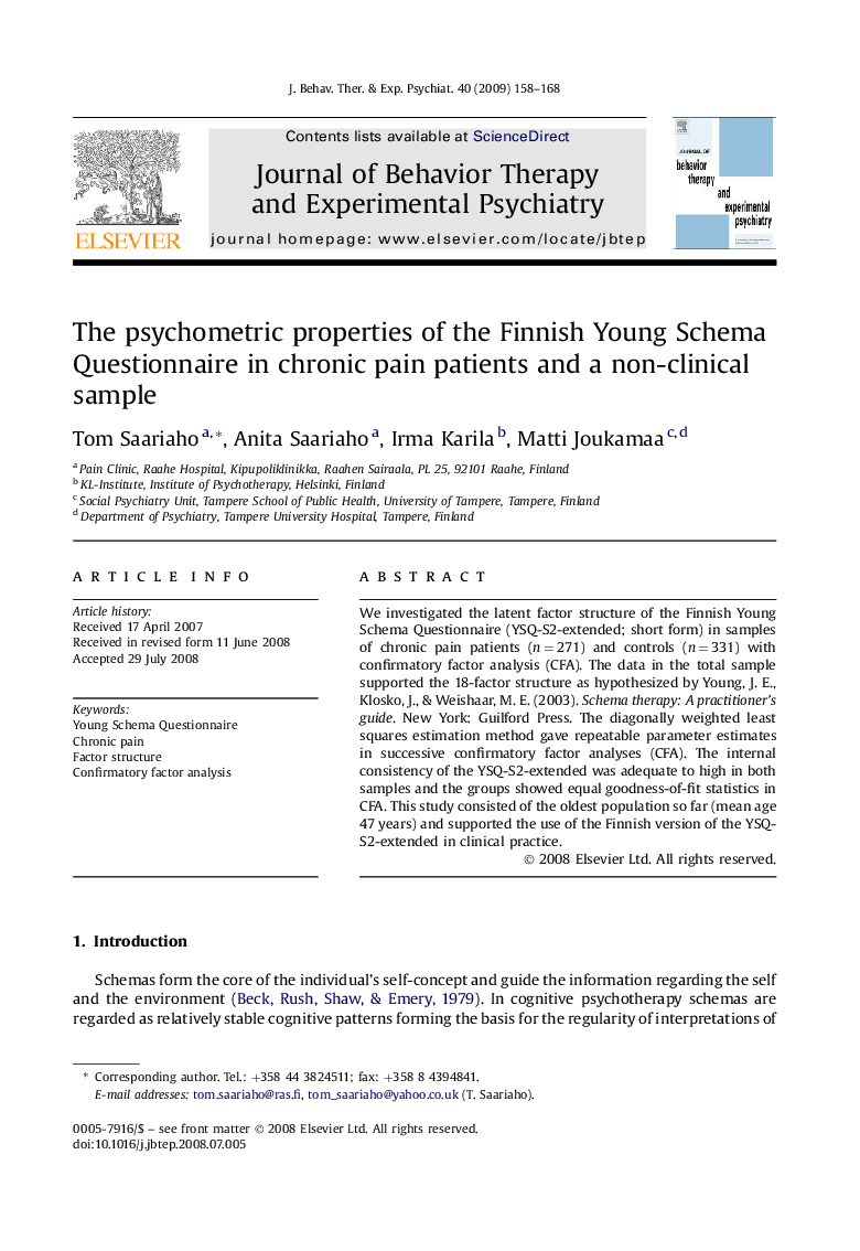 The psychometric properties of the Finnish Young Schema Questionnaire in chronic pain patients and a non-clinical sample