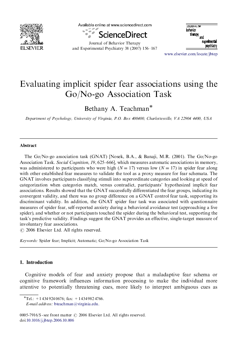 Evaluating implicit spider fear associations using the Go/No-go Association Task