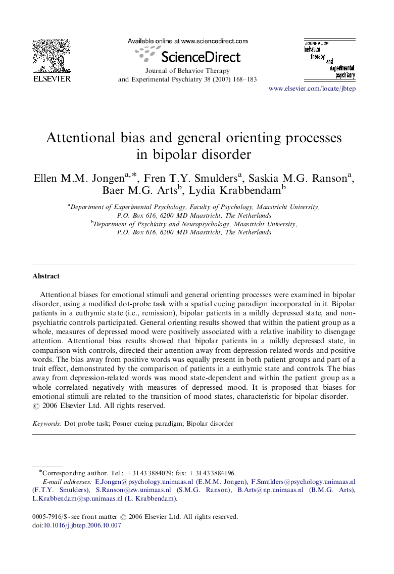 Attentional bias and general orienting processes in bipolar disorder