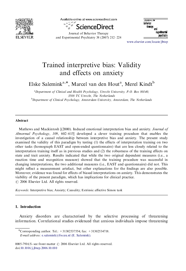 Trained interpretive bias: Validity and effects on anxiety