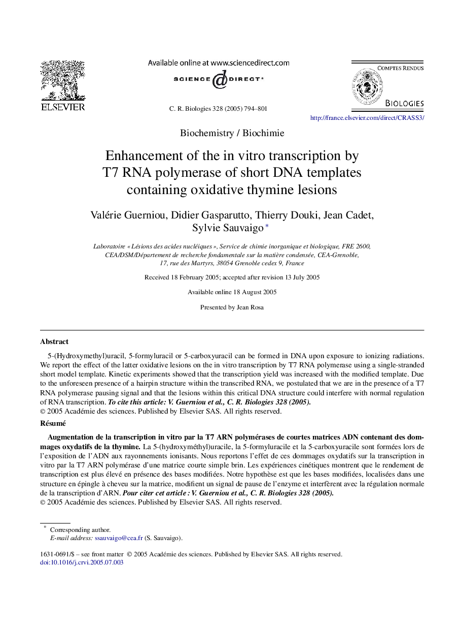 Enhancement of the in vitro transcription by T7 RNA polymerase of short DNA templates containing oxidative thymine lesions