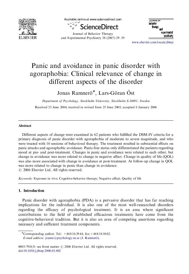 Panic and avoidance in panic disorder with agoraphobia: Clinical relevance of change in different aspects of the disorder