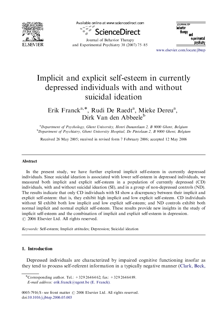 Implicit and explicit self-esteem in currently depressed individuals with and without suicidal ideation