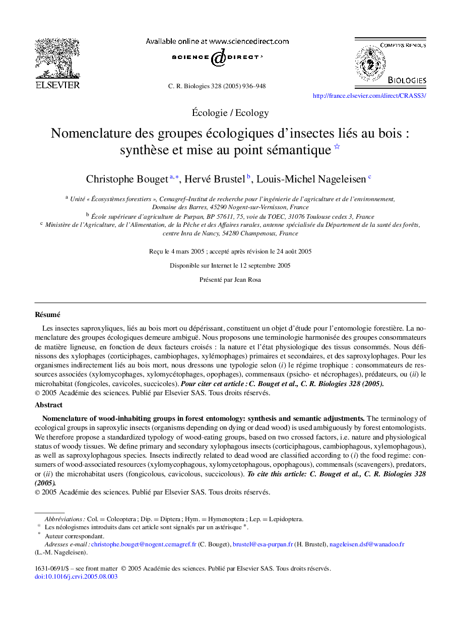 Nomenclature des groupes écologiques d'insectes liés au bois : synthÃ¨se et mise au point sémantique