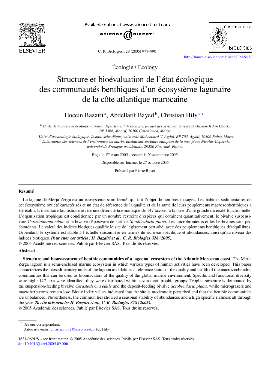 Structure et bioévaluation de l'état écologique des communautés benthiques d'un écosystÃ¨me lagunaire de la cÃ´te atlantique marocaine