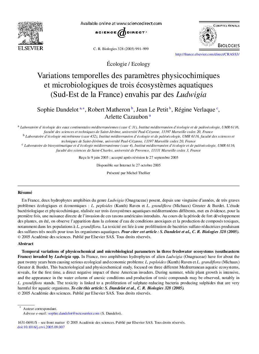 Variations temporelles des paramÃ¨tres physicochimiques et microbiologiques de trois écosystÃ¨mes aquatiques (Sud-Est de la France) envahis par des Ludwigia