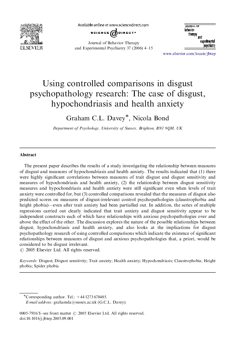 Using controlled comparisons in disgust psychopathology research: The case of disgust, hypochondriasis and health anxiety