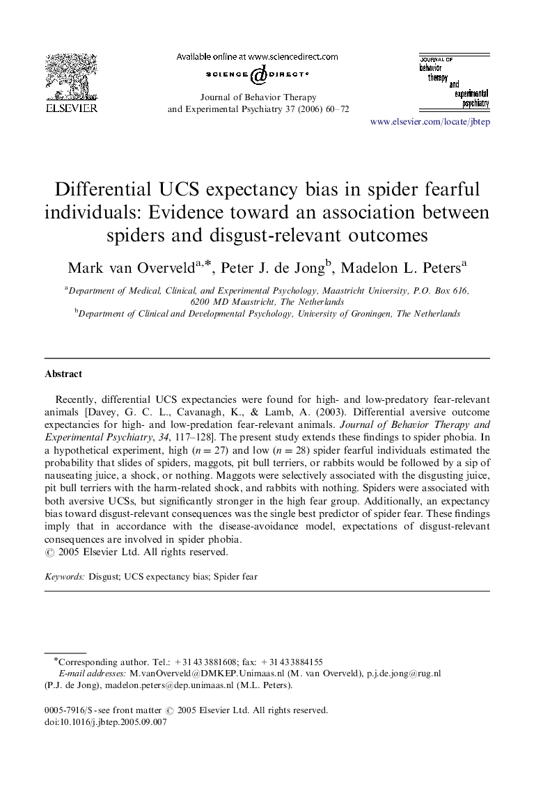 Differential UCS expectancy bias in spider fearful individuals: Evidence toward an association between spiders and disgust-relevant outcomes