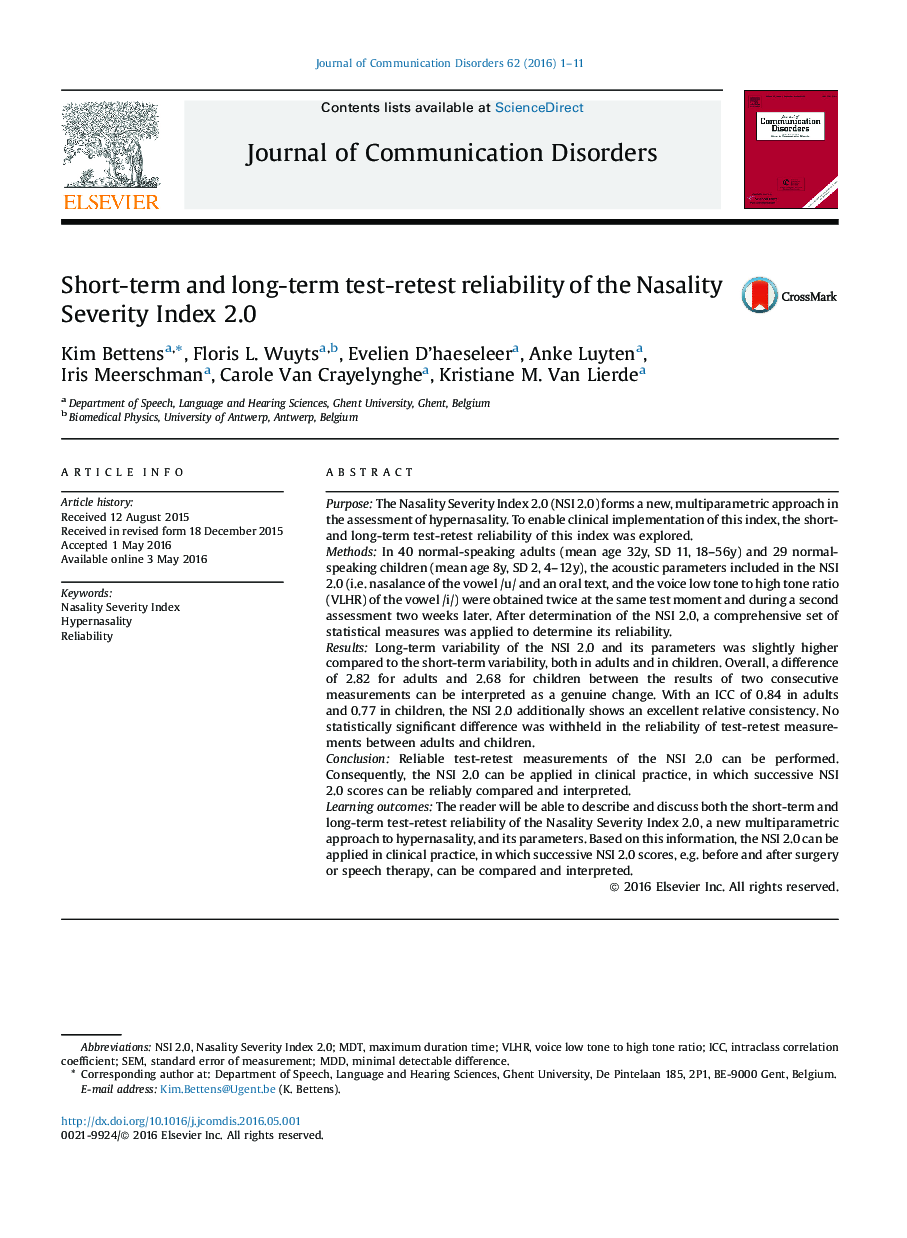 Short-term and long-term test-retest reliability of the Nasality Severity Index 2.0