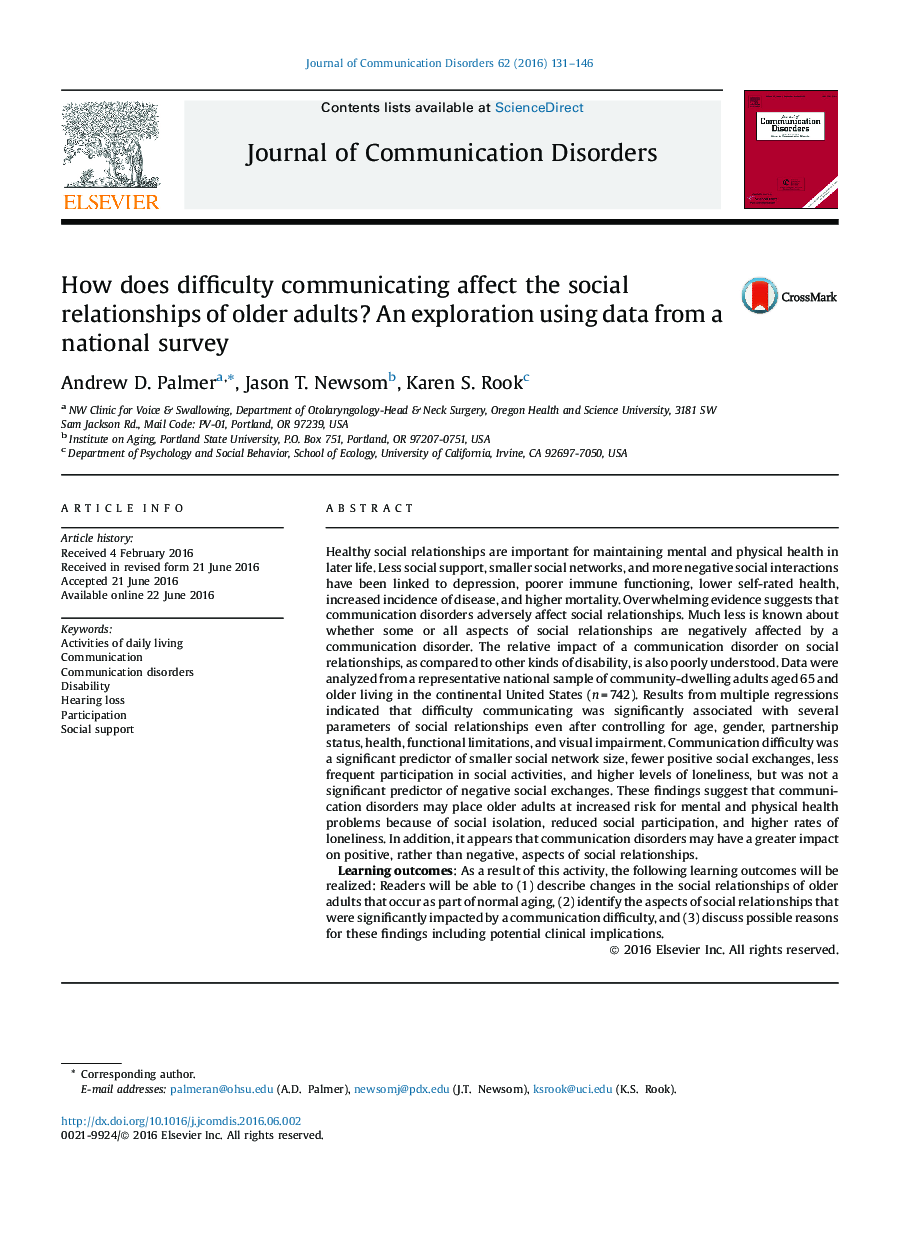 How does difficulty communicating affect the social relationships of older adults? An exploration using data from a national survey