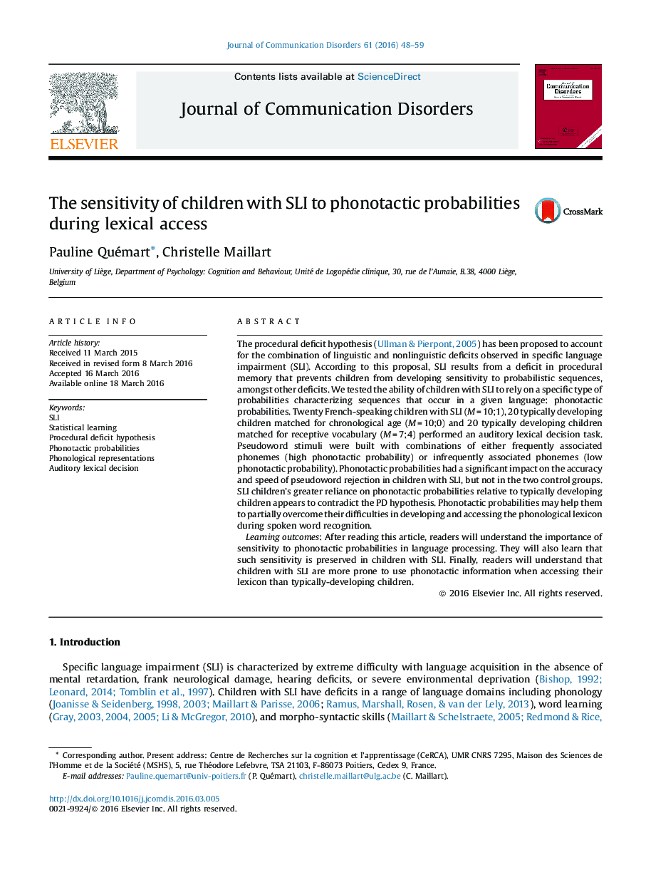 حساسیت کودکان SLI برای احتمال واج آرایی در طول دسترسی واژگانی
