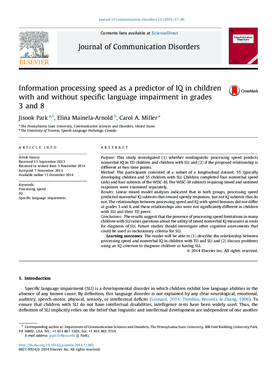 Information processing speed as a predictor of IQ in children with and without specific language impairment in grades 3 and 8