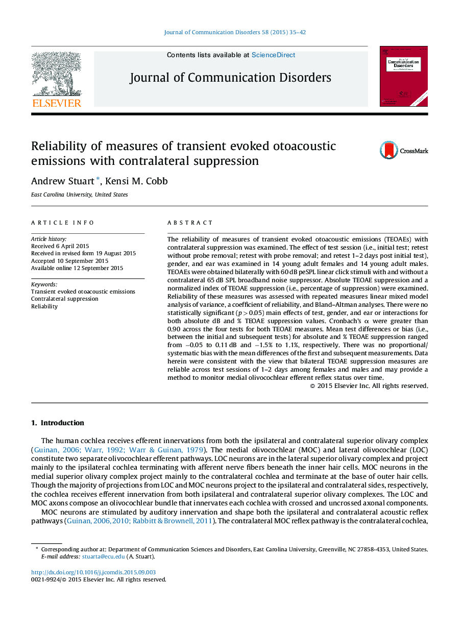 Reliability of measures of transient evoked otoacoustic emissions with contralateral suppression