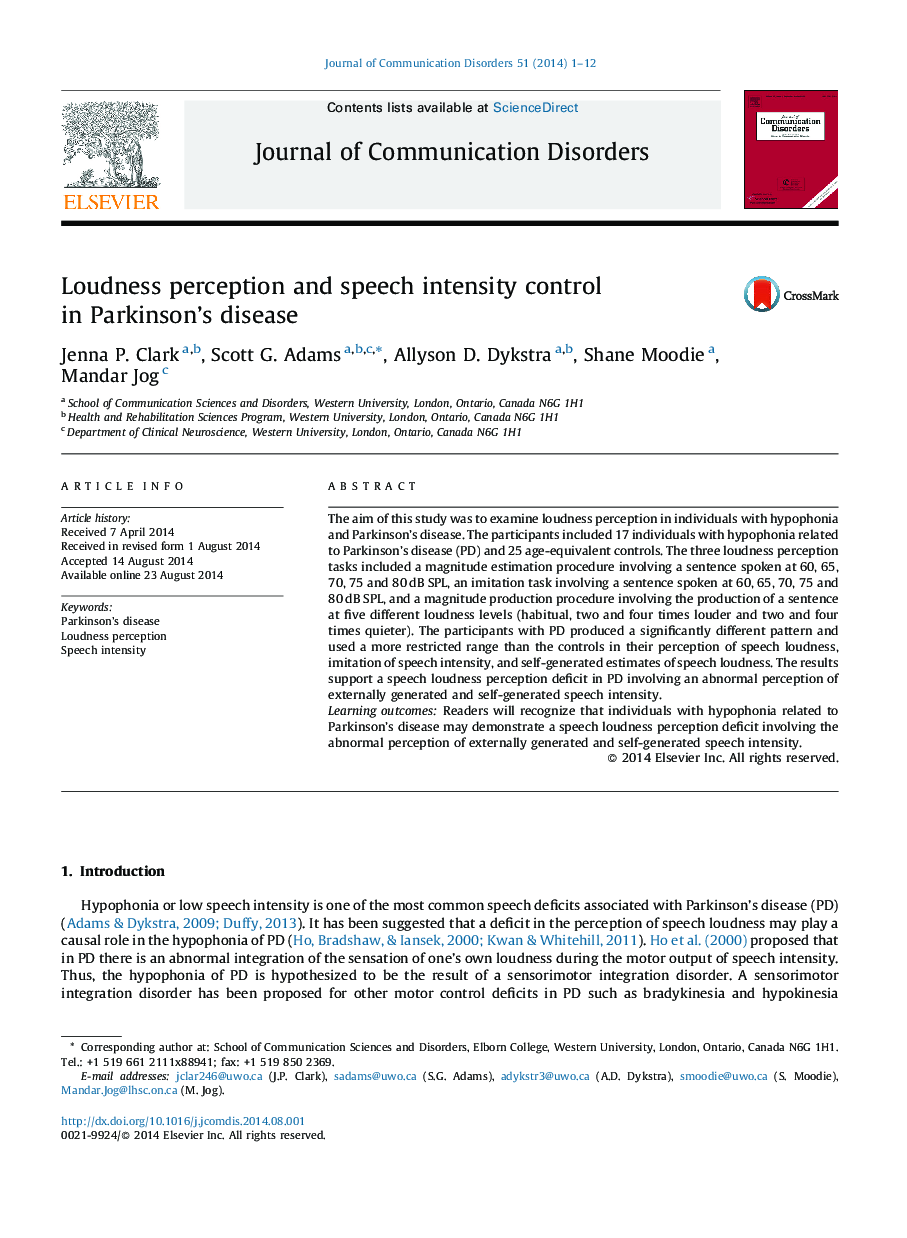 Loudness perception and speech intensity control in Parkinson's disease