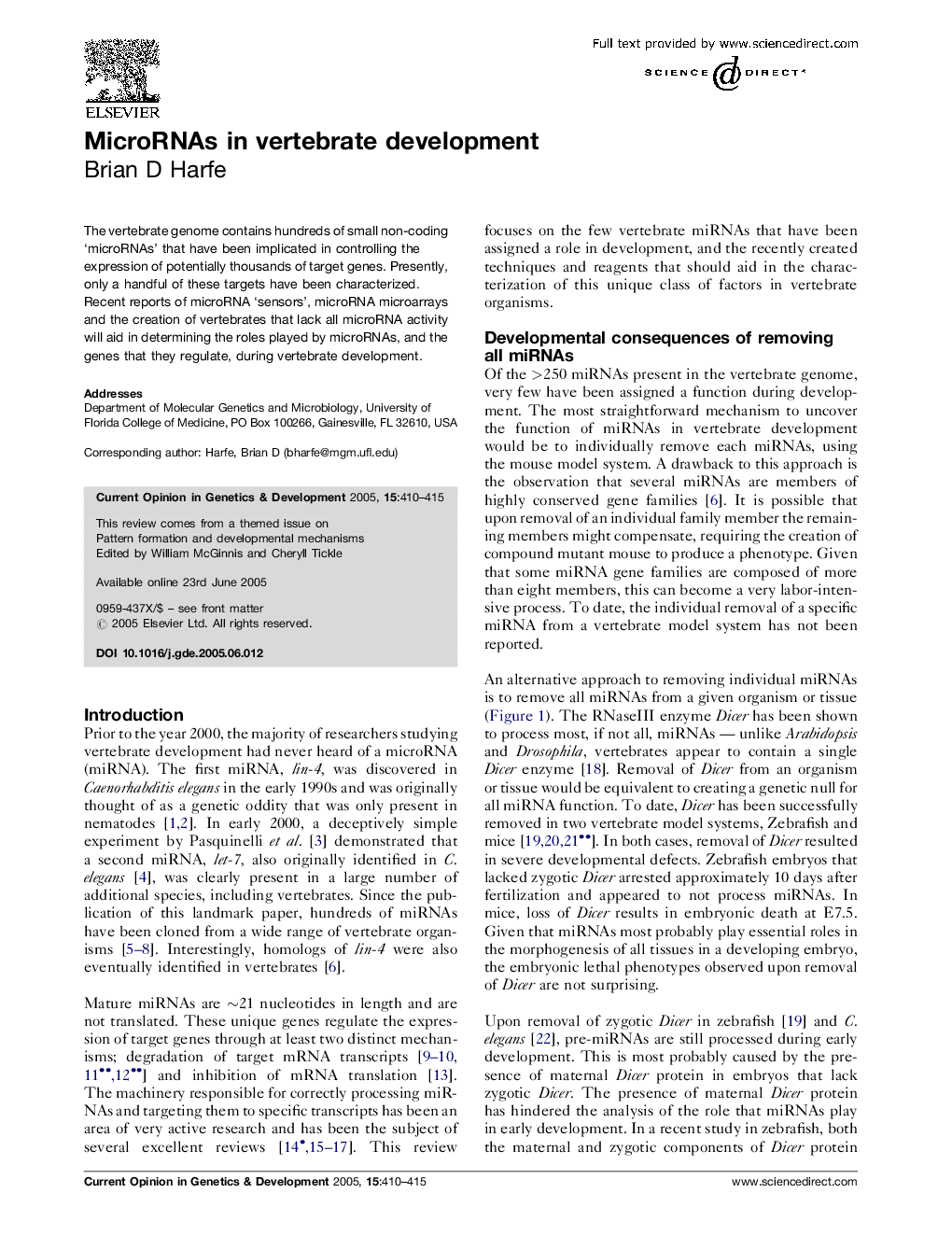 MicroRNAs in vertebrate development