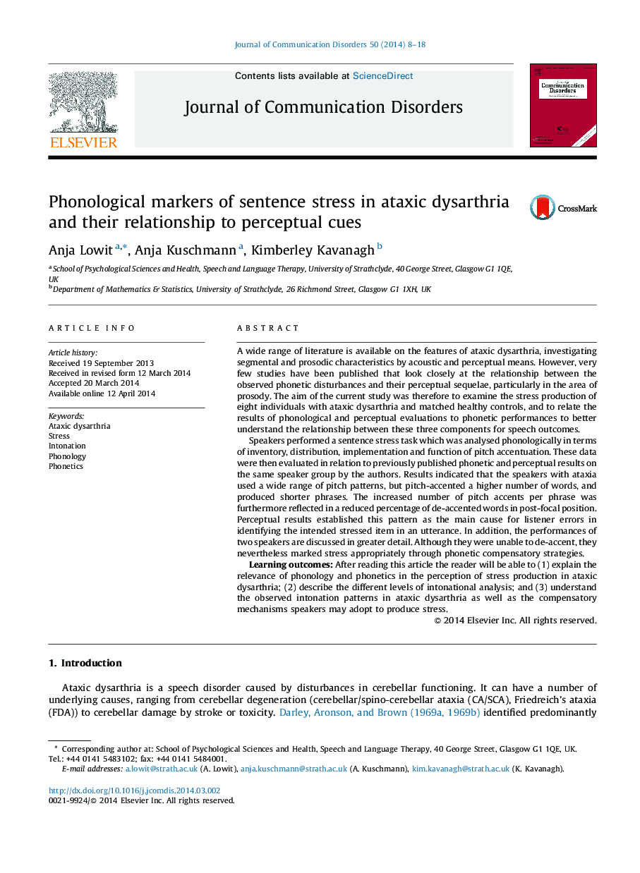 Phonological markers of sentence stress in ataxic dysarthria and their relationship to perceptual cues