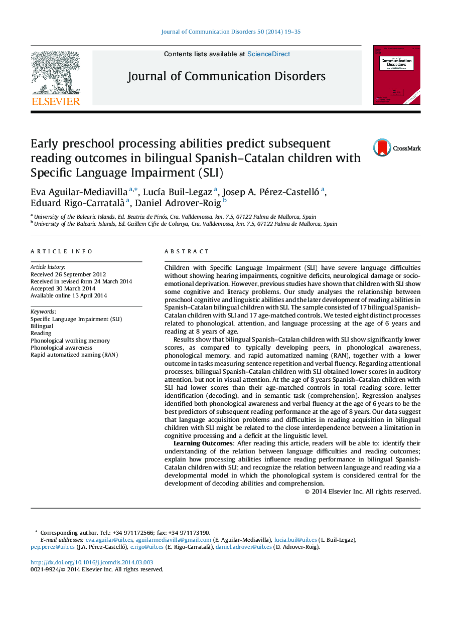 Early preschool processing abilities predict subsequent reading outcomes in bilingual Spanish–Catalan children with Specific Language Impairment (SLI)