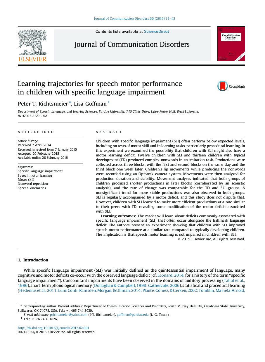 Learning trajectories for speech motor performance in children with specific language impairment