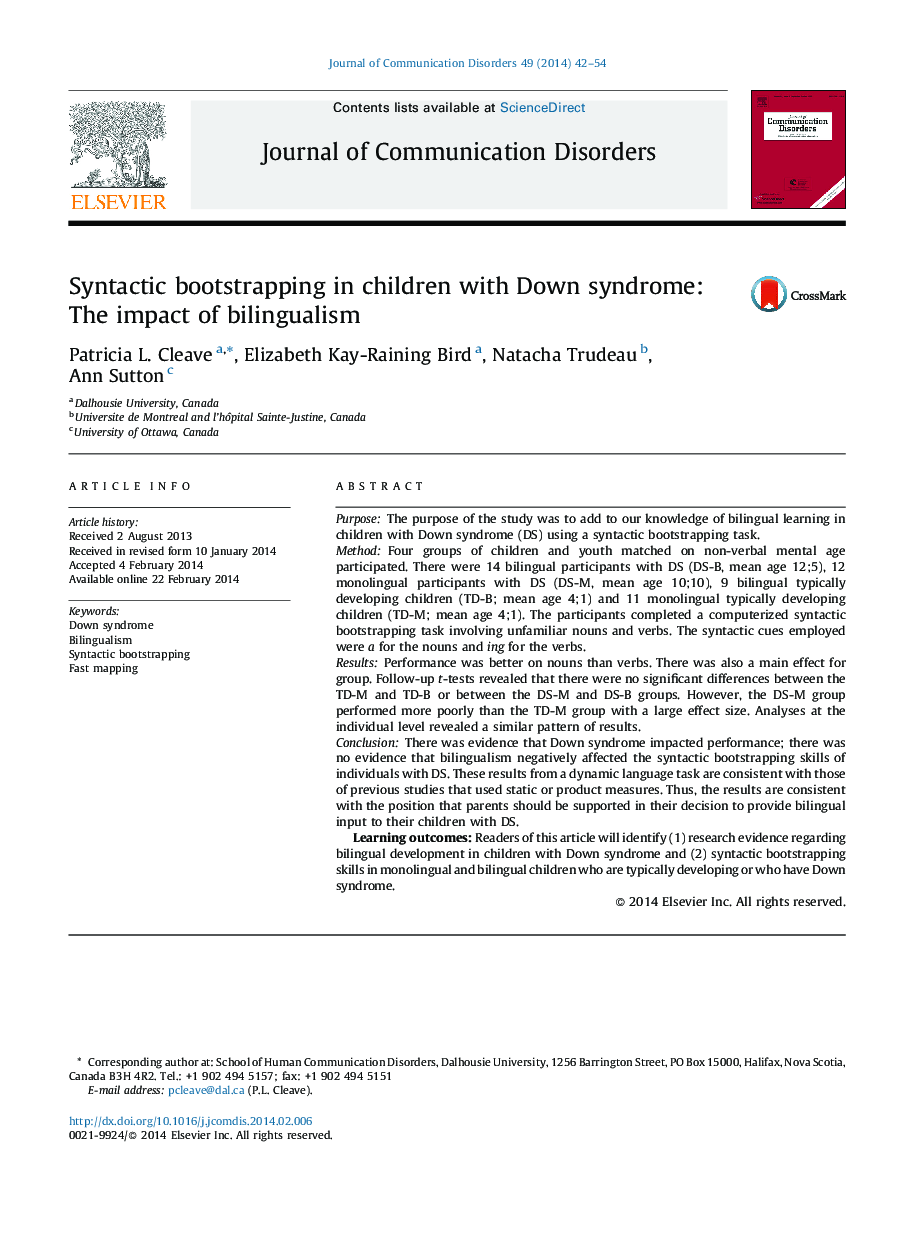 Syntactic bootstrapping in children with Down syndrome: The impact of bilingualism