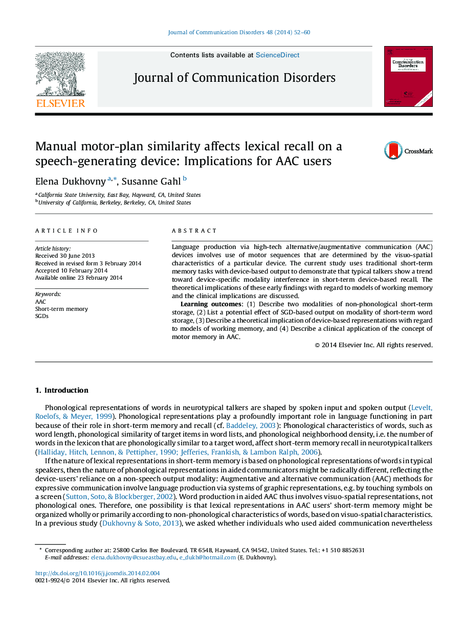 Manual motor-plan similarity affects lexical recall on a speech-generating device: Implications for AAC users