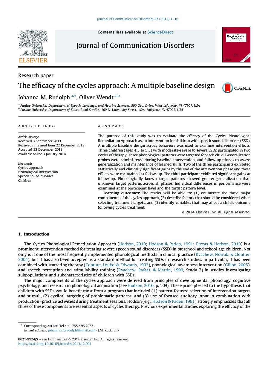 The efficacy of the cycles approach: A multiple baseline design