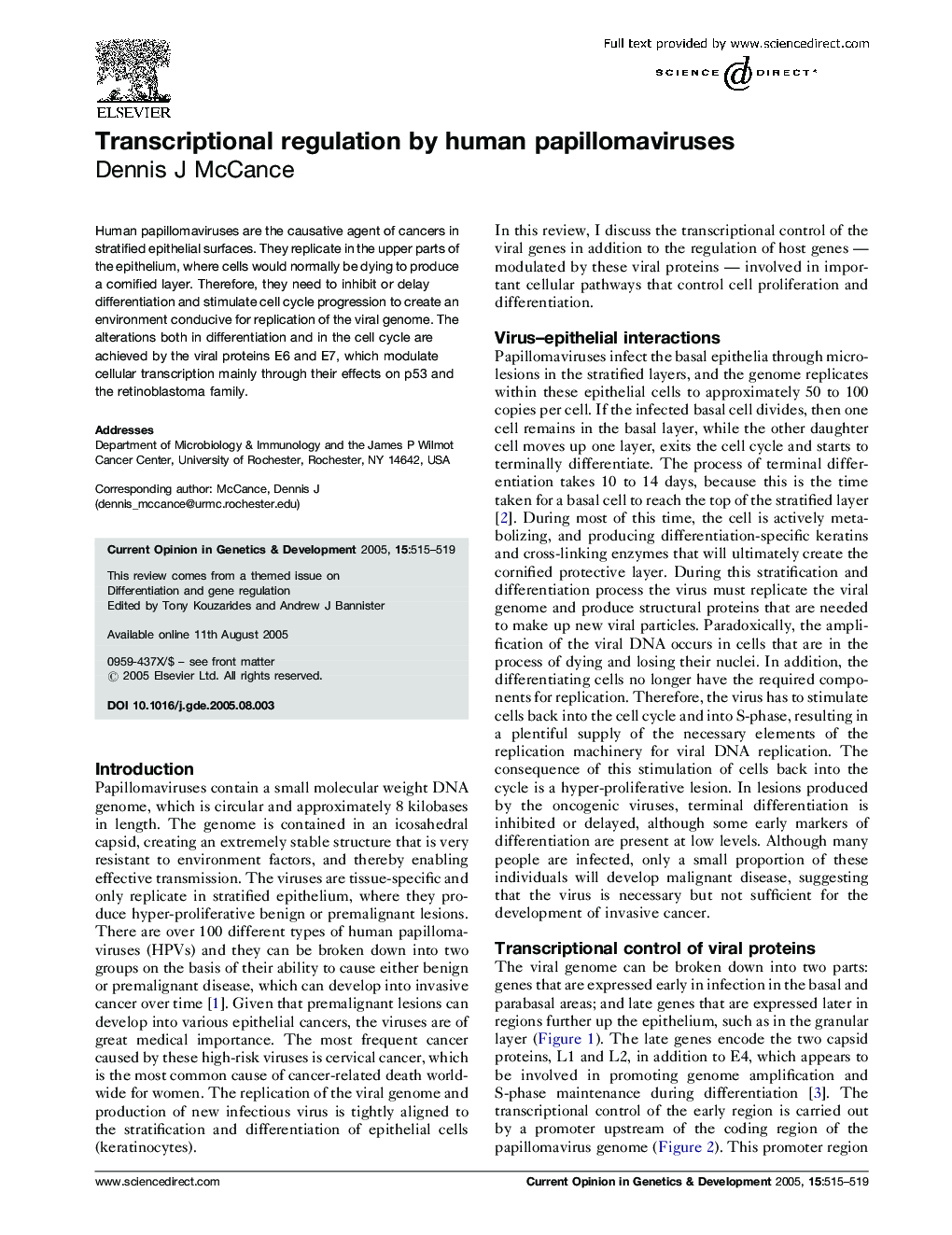 Transcriptional regulation by human papillomaviruses