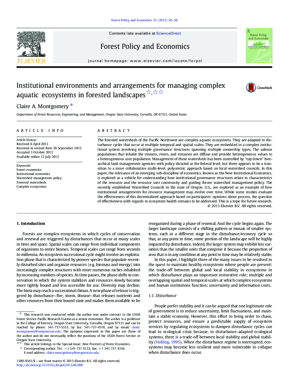 Institutional environments and arrangements for managing complex aquatic ecosystems in forested landscapes 