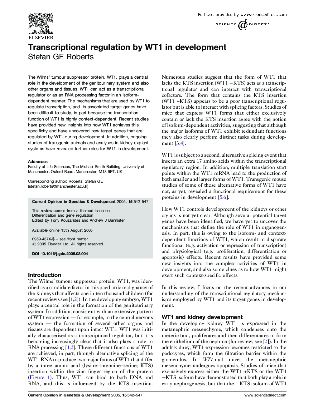 Transcriptional regulation by WT1 in development