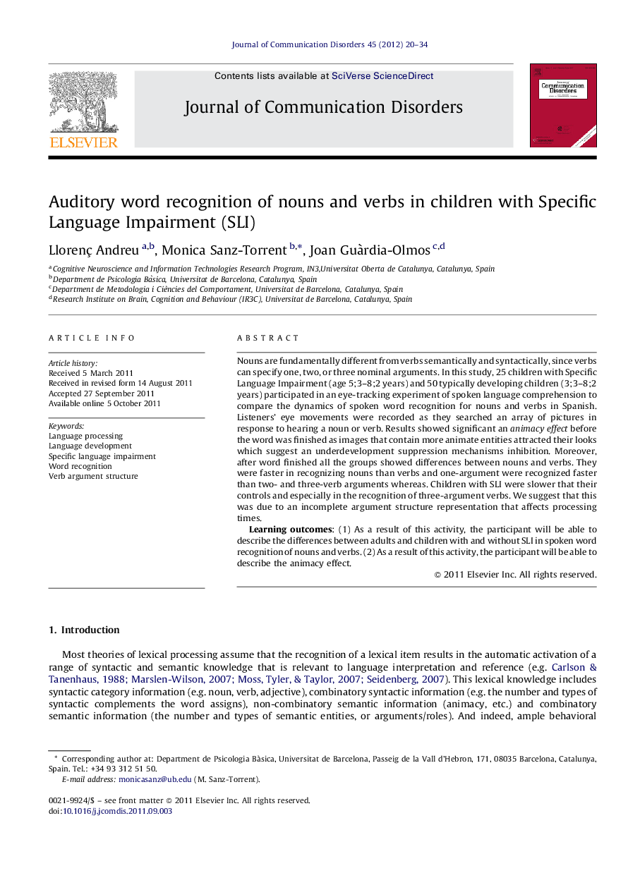 Auditory word recognition of nouns and verbs in children with Specific Language Impairment (SLI)