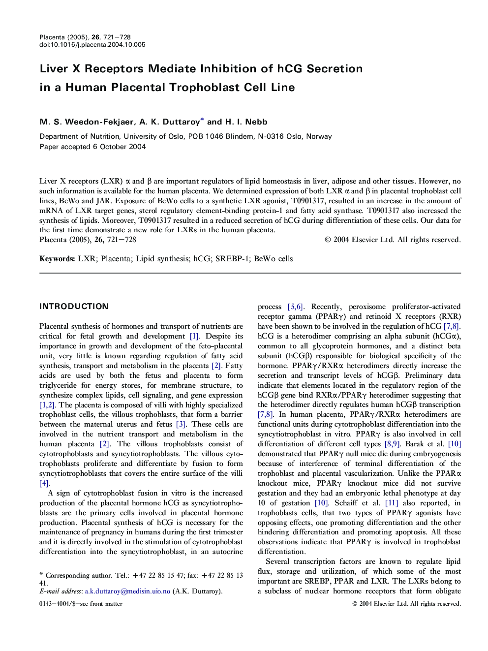 Liver X receptors mediate inhibition of hCG secretion in a human placental trophoblast cell line