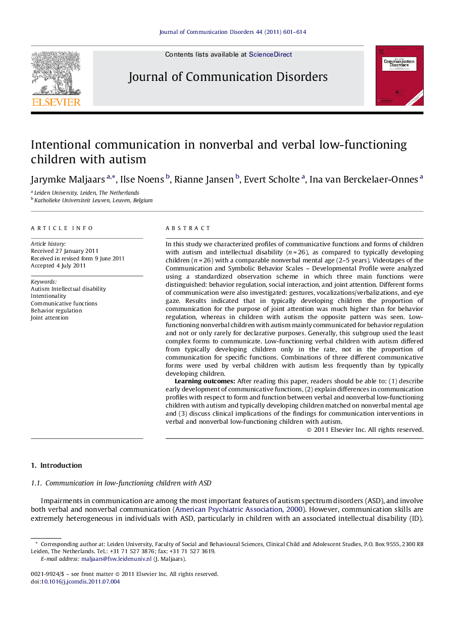 Intentional communication in nonverbal and verbal low-functioning children with autism