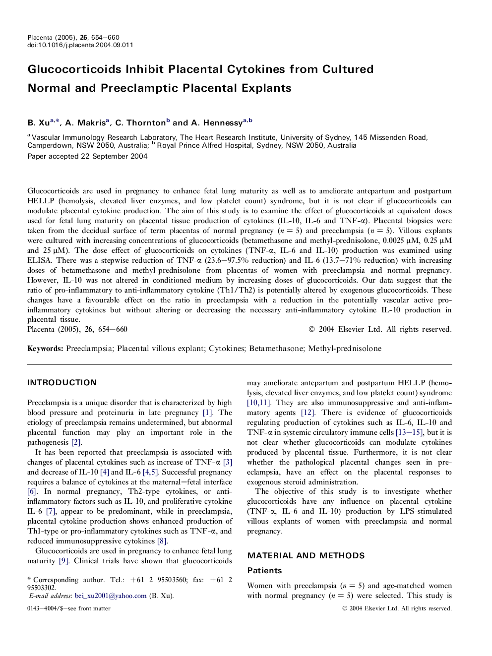 Glucocorticoids inhibit placental cytokines from cultured normal and preeclamptic placental explants