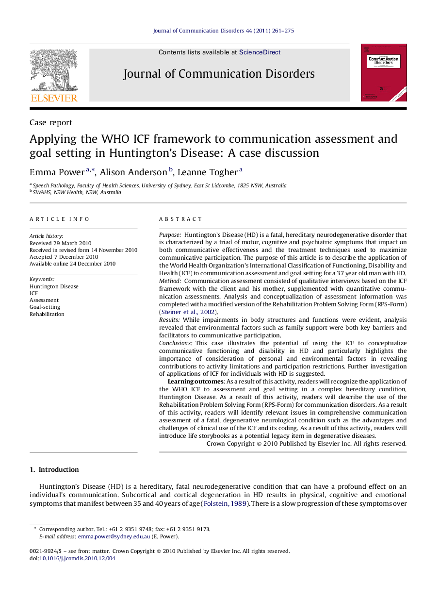 Applying the WHO ICF framework to communication assessment and goal setting in Huntington's Disease: A case discussion