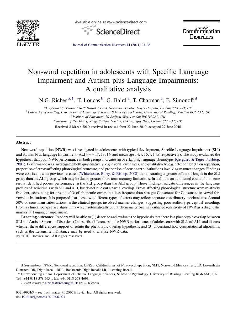 Non-word repetition in adolescents with Specific Language Impairment and Autism plus Language Impairments: A qualitative analysis