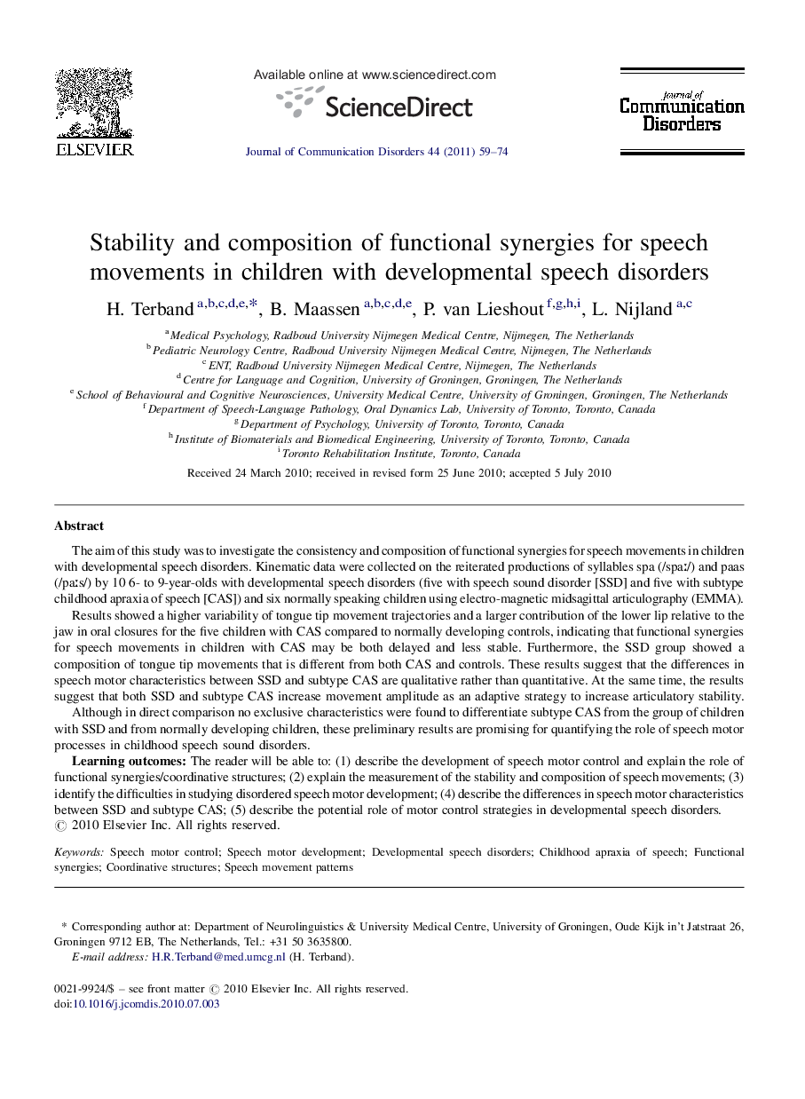 Stability and composition of functional synergies for speech movements in children with developmental speech disorders