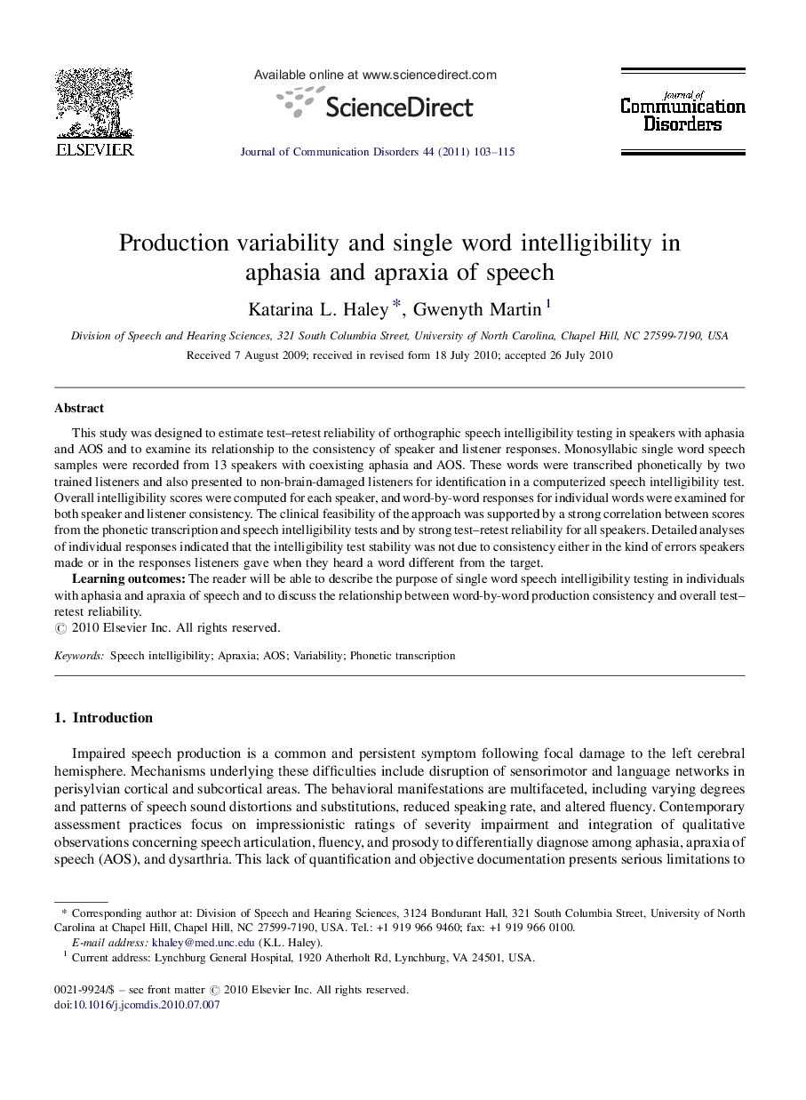 Production variability and single word intelligibility in aphasia and apraxia of speech