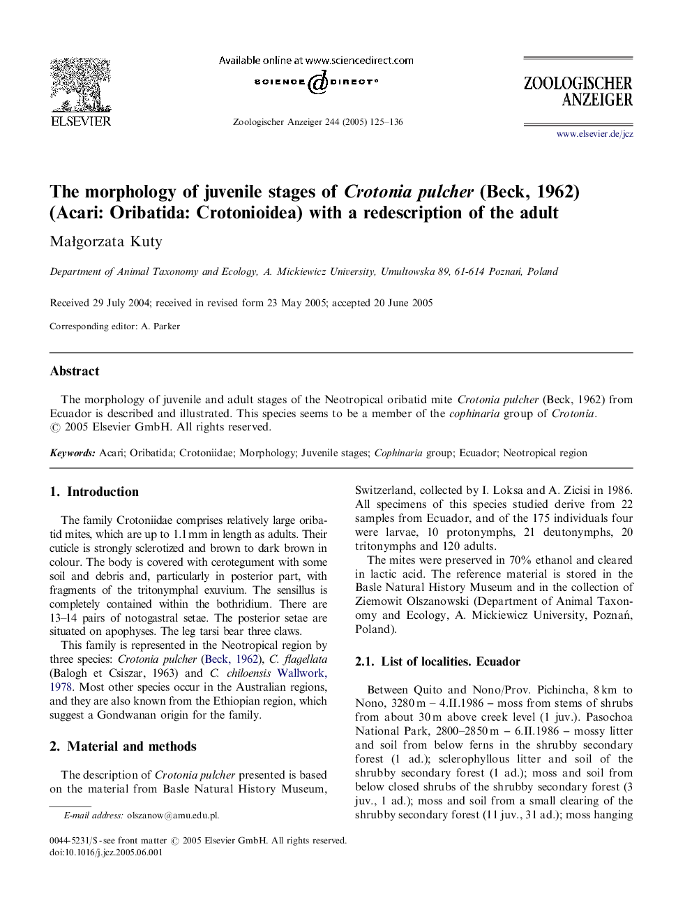 The morphology of juvenile stages of Crotonia pulcher (Beck, 1962) (Acari: Oribatida: Crotonioidea) with a redescription of the adult