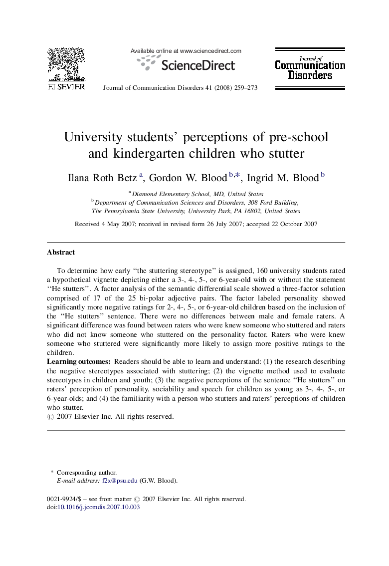 عکس صفحه اول مقاله: University students’ perceptions of pre-school and kindergarten children who stutter University students’ perceptions of pre-school and kindergarten children who stutter