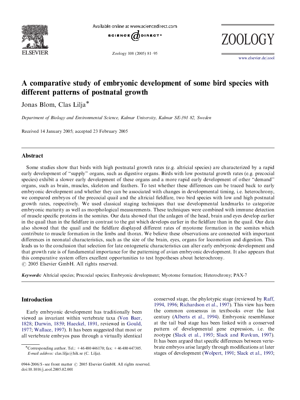 A comparative study of embryonic development of some bird species with different patterns of postnatal growth