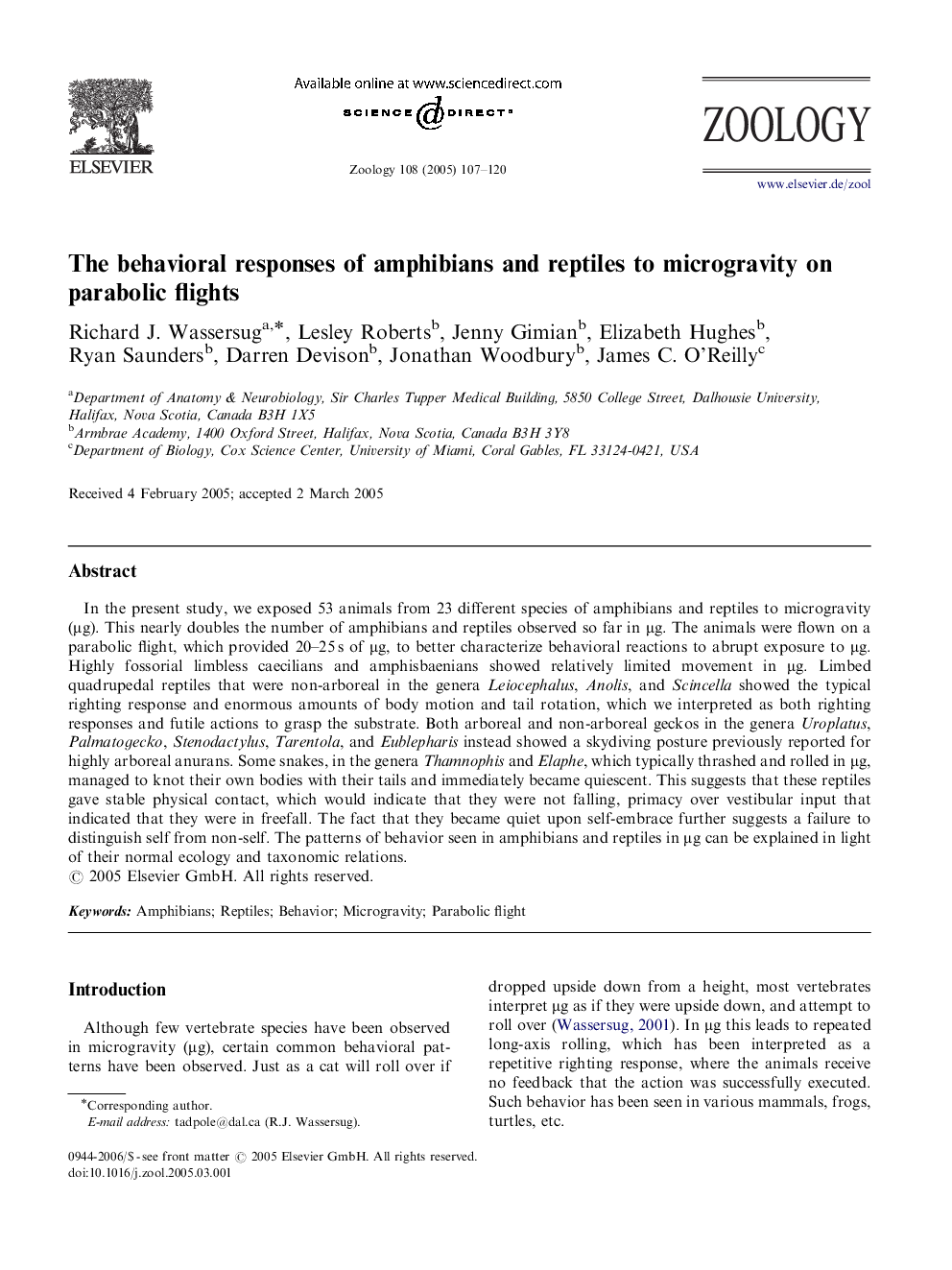 The behavioral responses of amphibians and reptiles to microgravity on parabolic flights