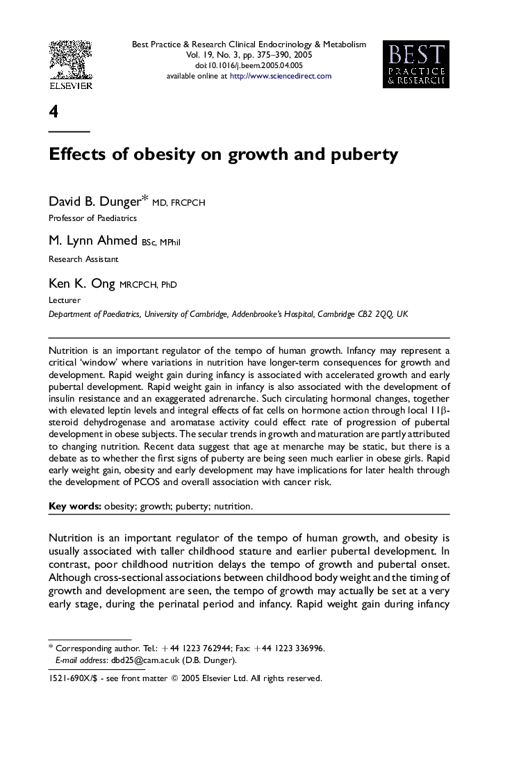 Effects of obesity on growth and puberty