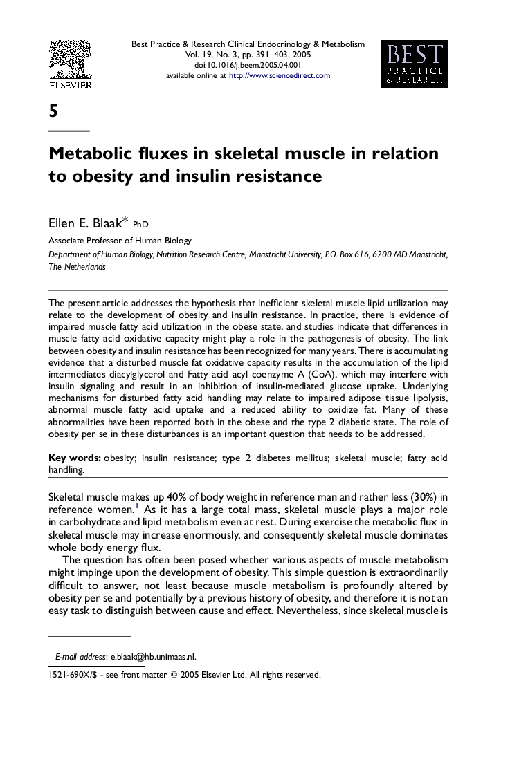 Metabolic fluxes in skeletal muscle in relation to obesity and insulin resistance