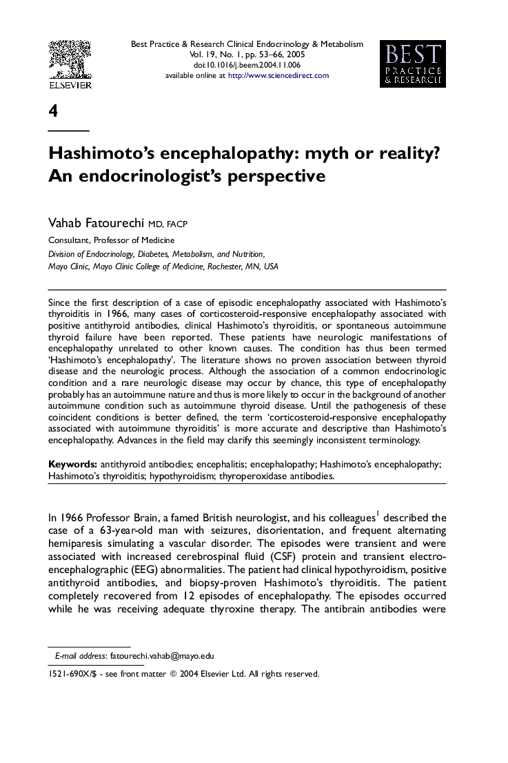 Hashimoto's encephalopathy: myth or reality? An endocrinologist's perspective