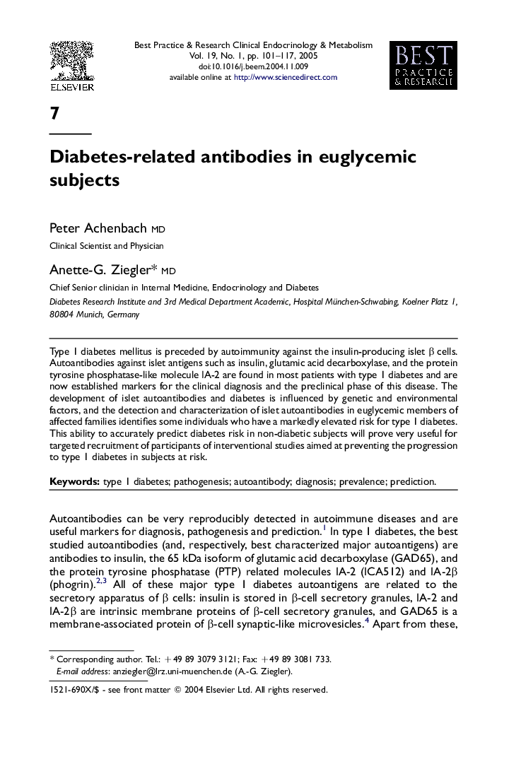 Diabetes-related antibodies in euglycemic subjects