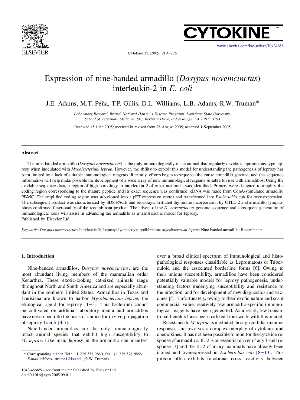 Expression of nine-banded armadillo (Dasypus novemcinctus) interleukin-2 in E. coli