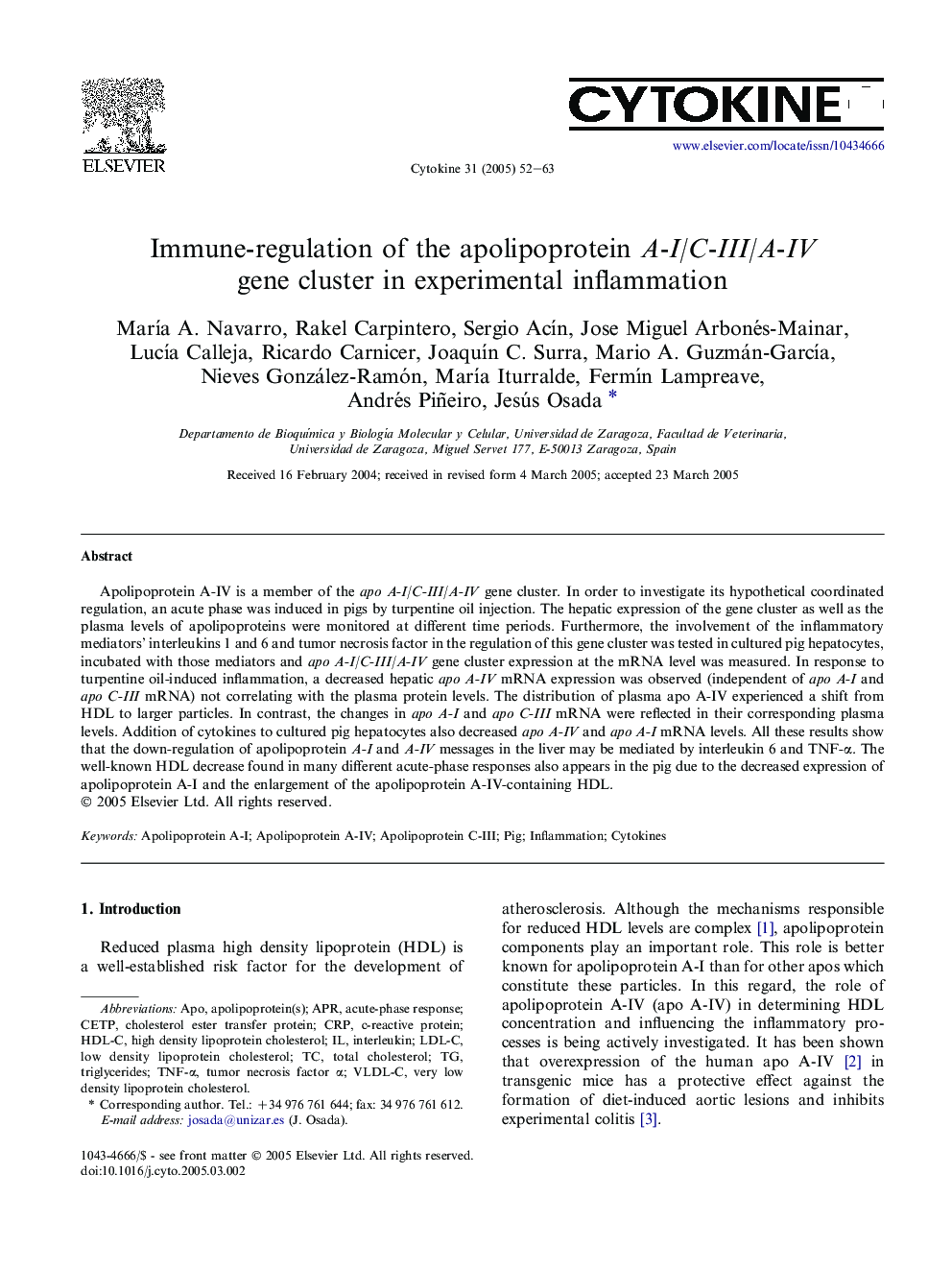 Immune-regulation of the apolipoprotein A-I/C-III/A-IV gene cluster in experimental inflammation