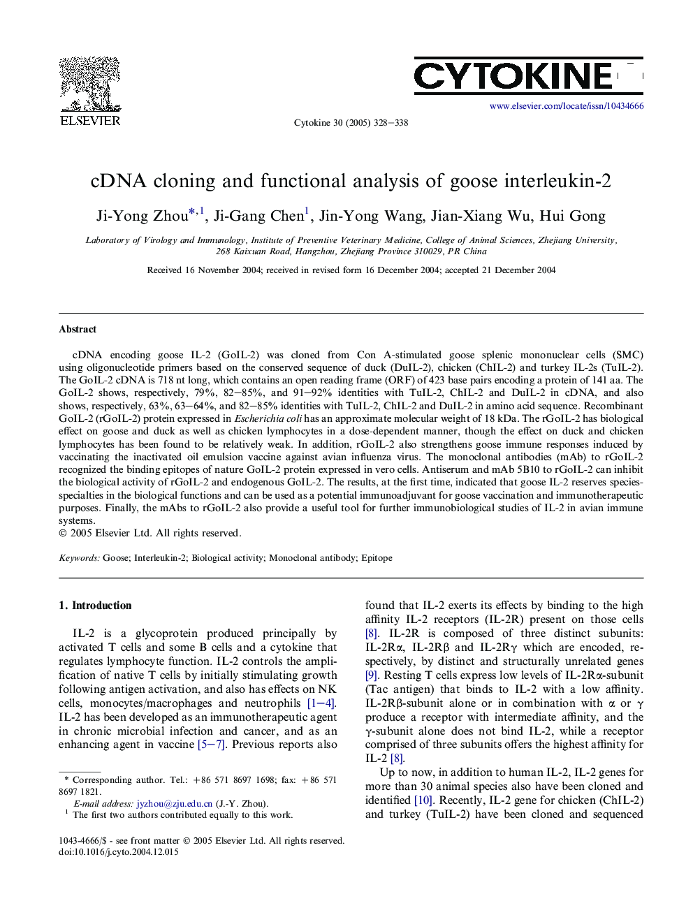 cDNA cloning and functional analysis of goose interleukin-2