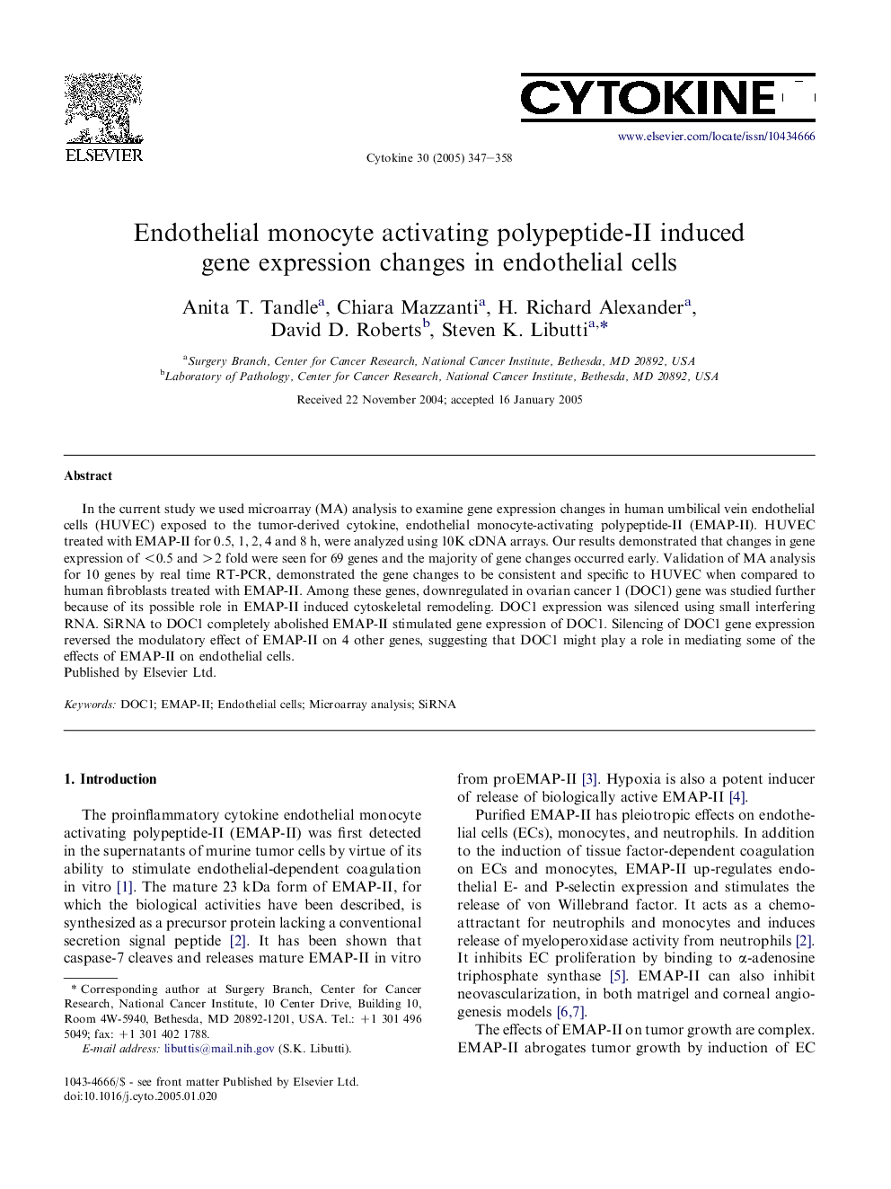 Endothelial monocyte activating polypeptide-II induced gene expression changes in endothelial cells