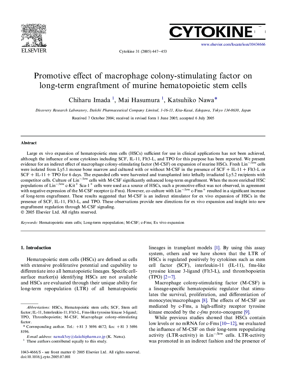 Promotive effect of macrophage colony-stimulating factor on long-term engraftment of murine hematopoietic stem cells