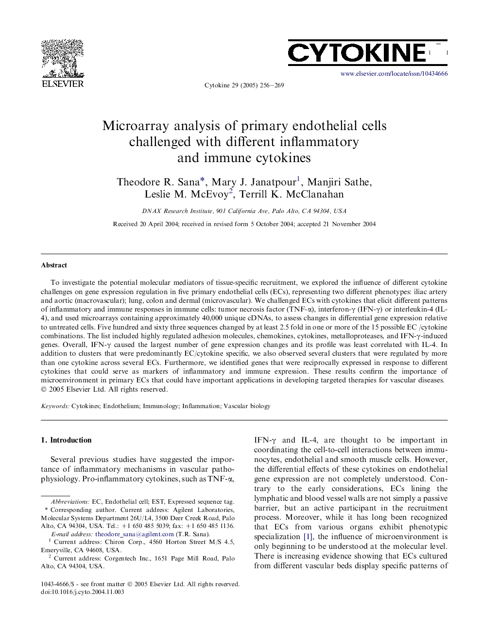 Microarray analysis of primary endothelial cells challenged with different inflammatory and immune cytokines